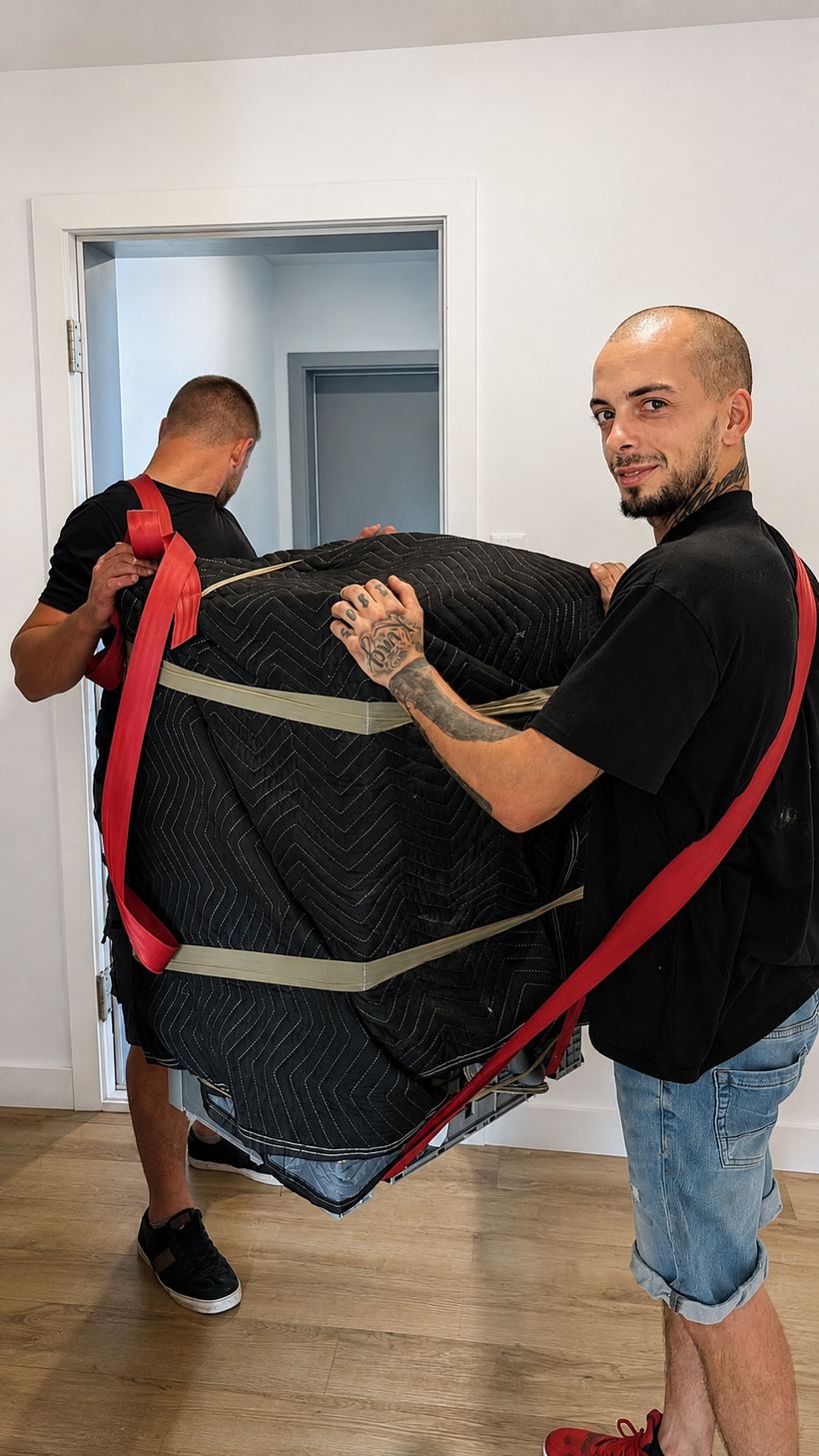 Alex Dalpé, propriétaire de Déménagement et Transports Dalpé, transporte un lave-vaisselle enveloppé dans une couverture matelassée et retenu par des sangles