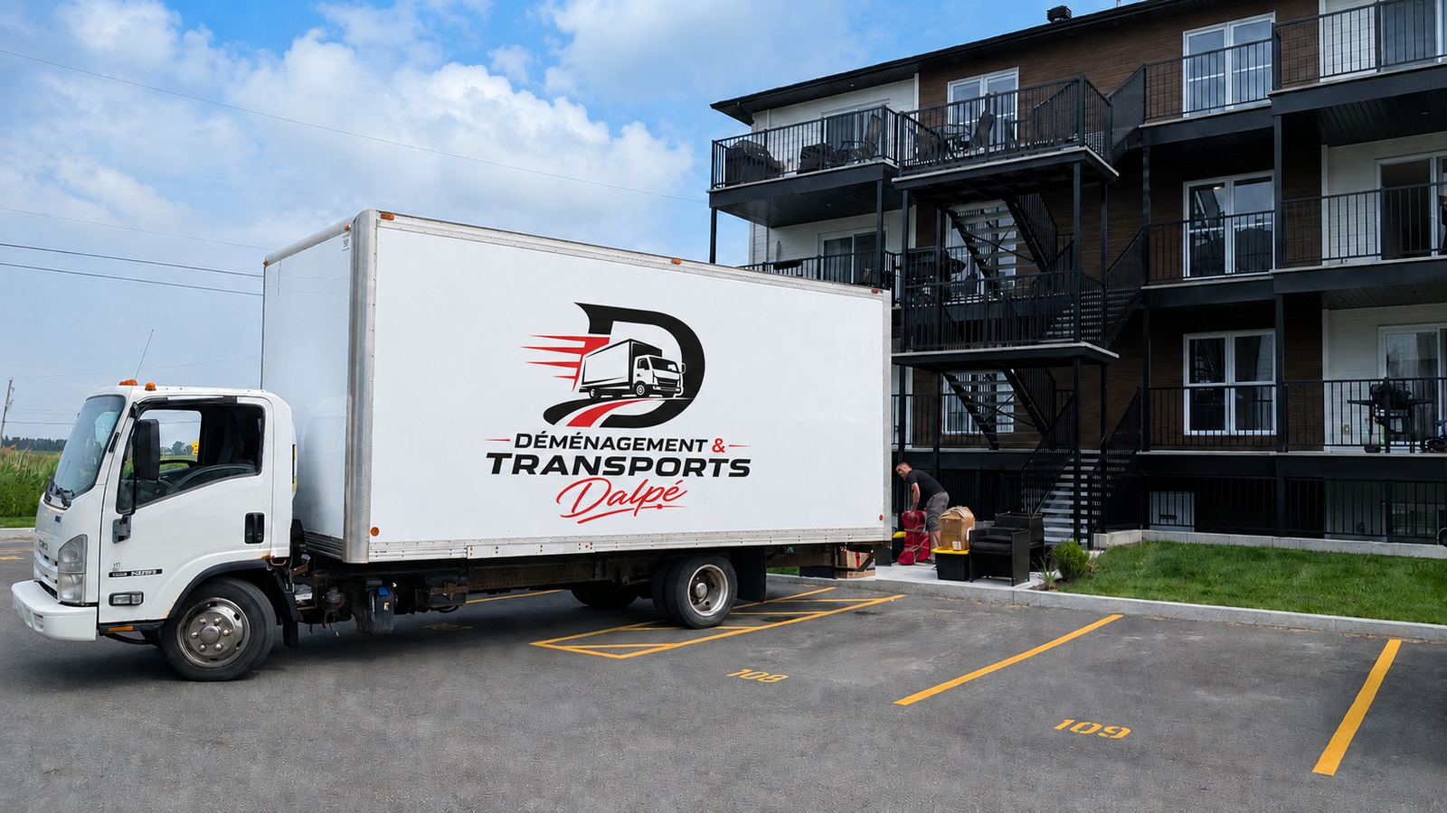 Le camion de Déménagement et Transports Dalpé stationné devant un immeuble à logements pendant qu'un déménageur décharge des boîtes et des meubles à l'entrée