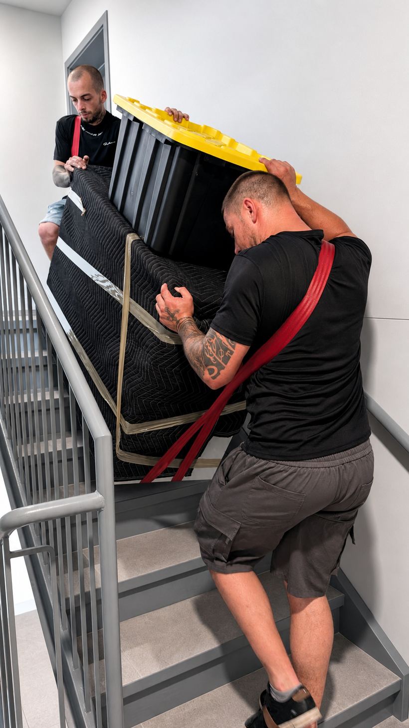 Deux déménageurs de Transports Dalpé montent un divan enveloppé dans une couverture matelassée à l'aide de sangles de levage dans une cage d'escalier