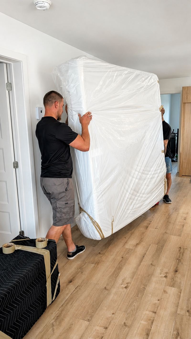 Deux déménageurs de Transports Dalpé transportent un matelas emballé dans une housse de plastique scellée au ruban